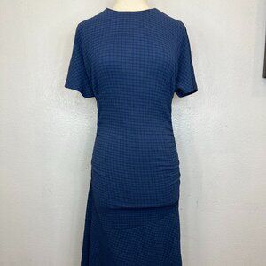 Bimba Y Lola Midi Dress Blue Black Stripe Side Rouching Flounce Bottom Size XS.